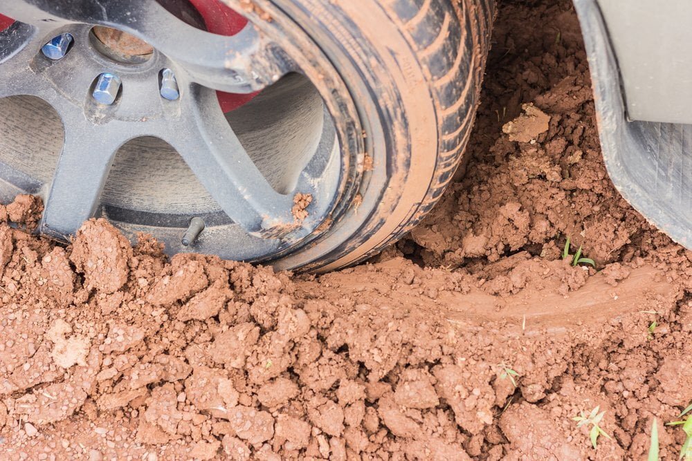 A vehicle tire stuck in the mud