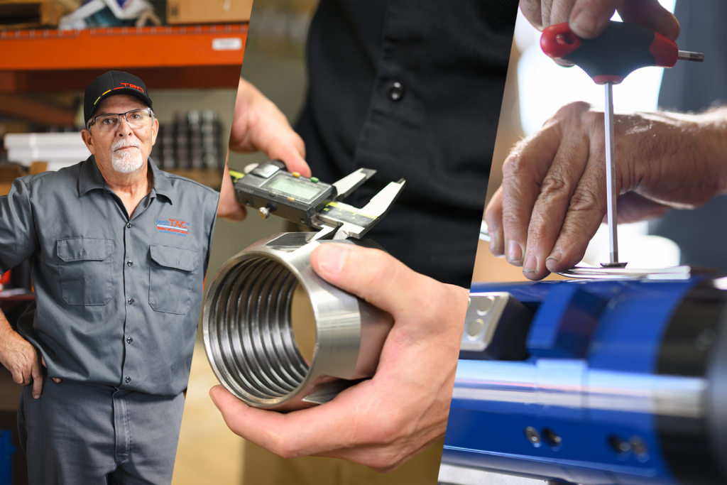 A photo illustration highlighting TechTAC team members and the precision parts used in the Slimline Tubing Anchor Catcher