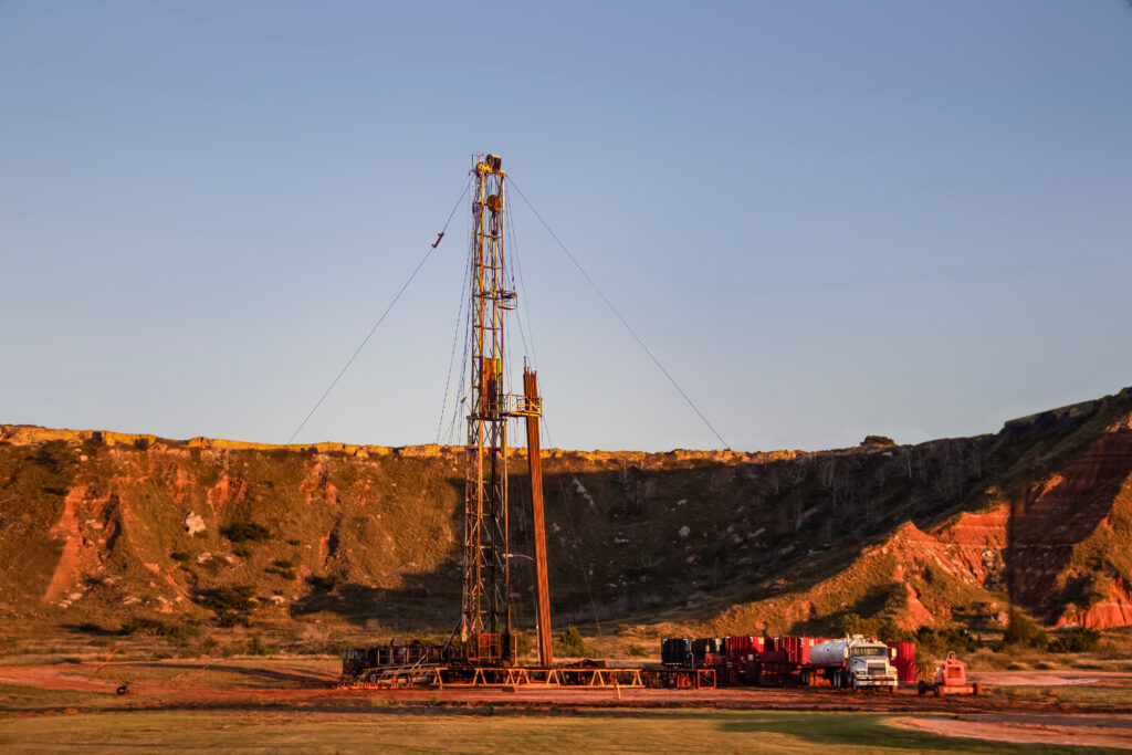 A workover rig at an oil well site