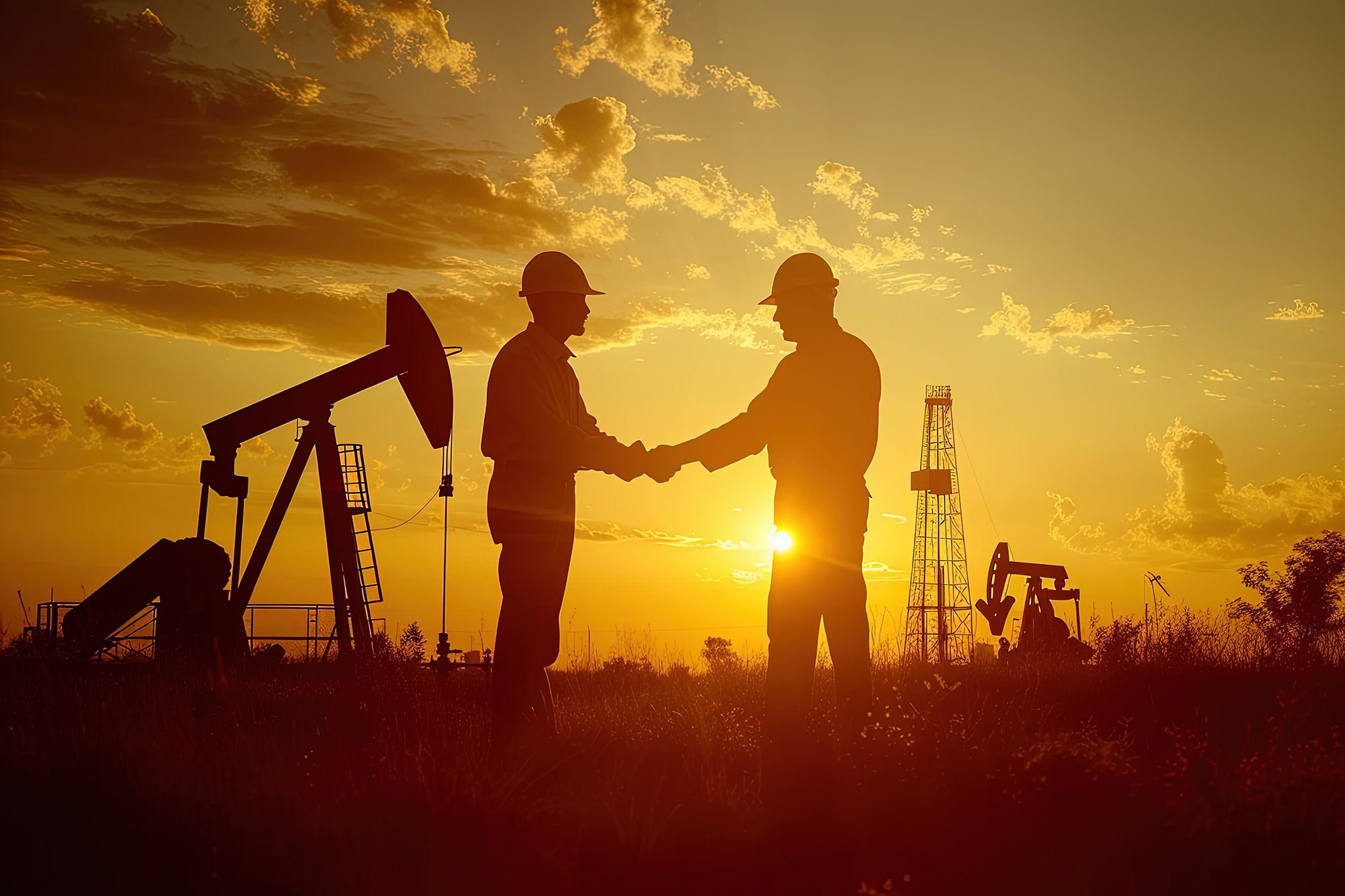 Two workers shaking hands in an oil field