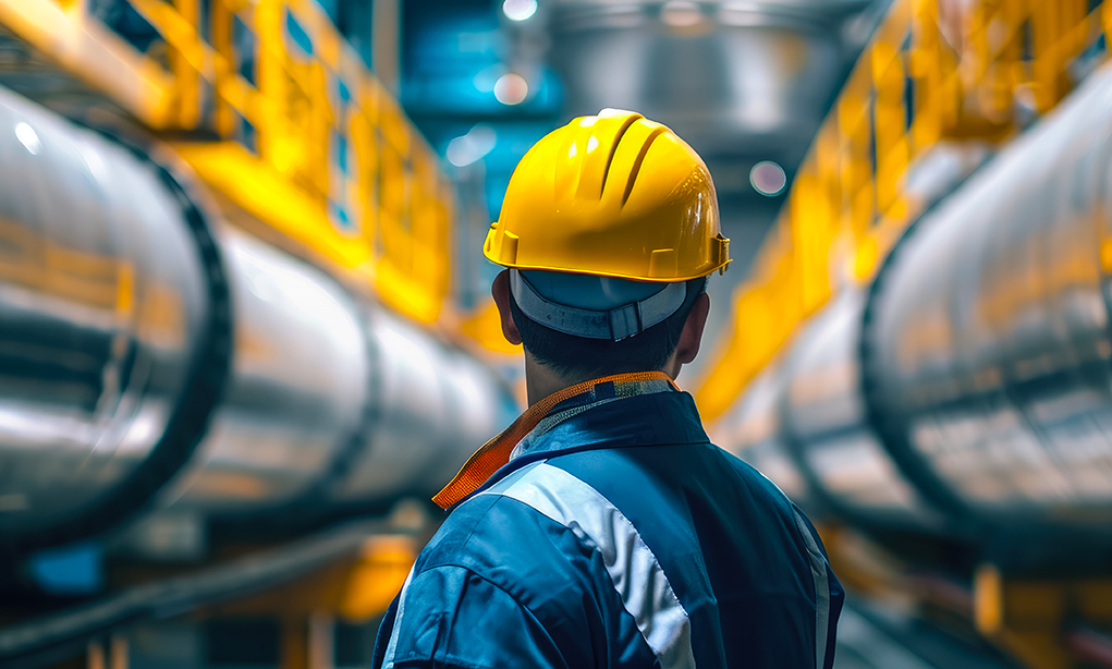 An oil industry worker inside a refinery