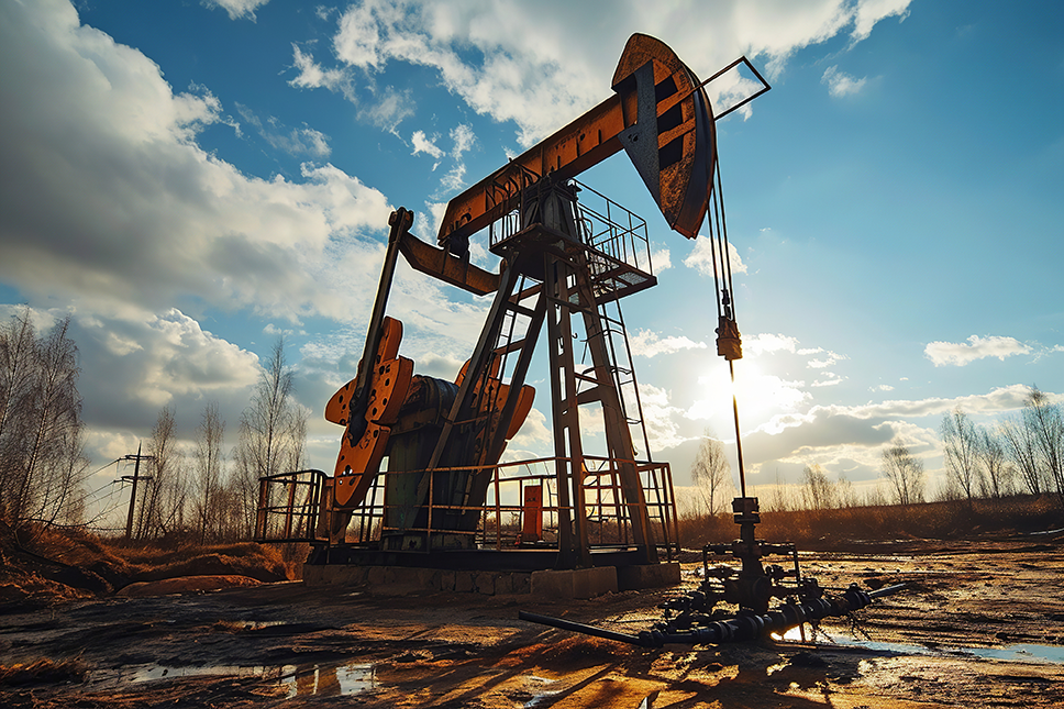 An oil well pumpjack in a muddy field